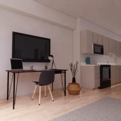 Desk next to Kitchen in Modern Apartment
